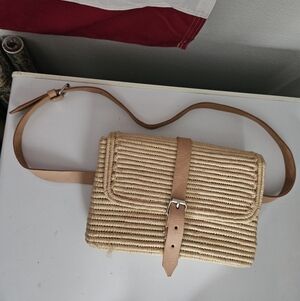 Boho tan khaki straw woven fanny pack Crossbody Purse Bag